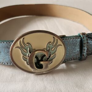 GUESS. Blue and Cream Leather Belt with GUESS LOGO exclusive Design.Oval Buckle.